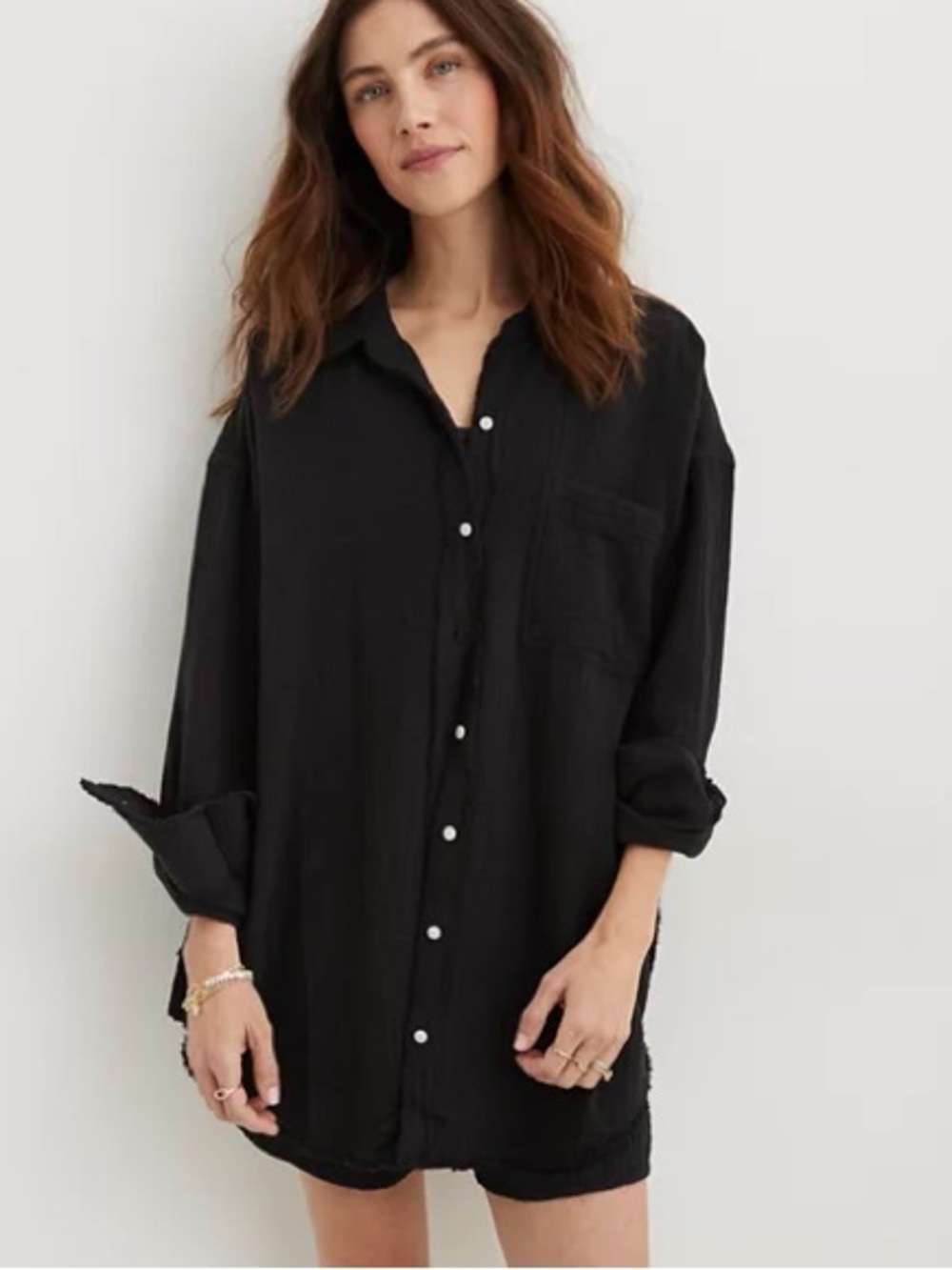 Aerie Gauzy Cotton Oversized Button-Down Coverup Black - Size XS